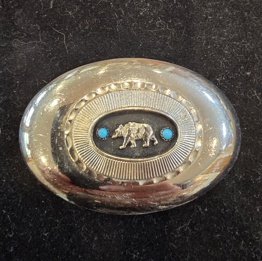 Vintage Belt Buckle Bear Signed BC Silver tone metal with turquoise